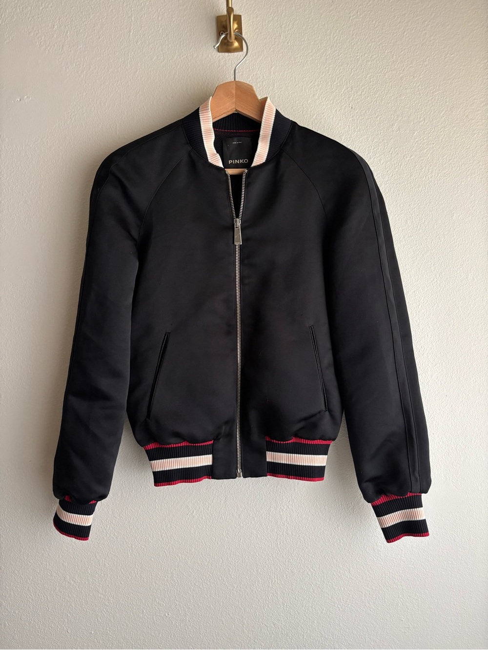Pinko Sadie Bomber Jacket Women's Size 2 Black Satin Striped Trim Italy